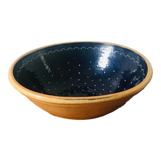 Country Rustic Navy Blue Polka Dot Yellowware Mixing Bowl For Sale