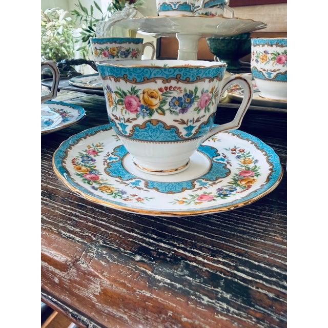 Vintage Crown Staffordshire Lyric Tunis Blue Fine Bone China Teacups & Saucers – 13 Pieces For Sale - Image 12 of 12