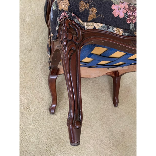 1970s Matching Upholstered Chairs (2). Hardwood Very Detailed. Black Background, Multicolor Floral Print. For Sale In Palm Springs - Image 6 of 8