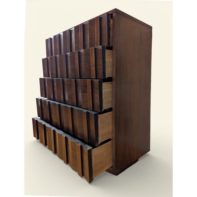 Late 20th Century Lane Brutalist Highboy Dresser / Tall Chest — Walnut — C. 1973 For Sale - Image 5 of 17