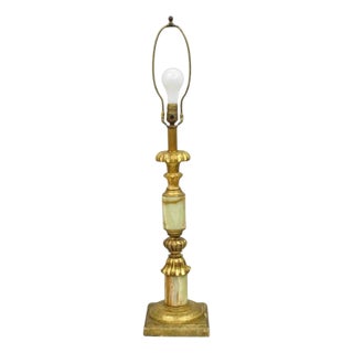 Vintage Italian Hollywood Regency Carved Gold Giltwood & Marble Table Lamp For Sale