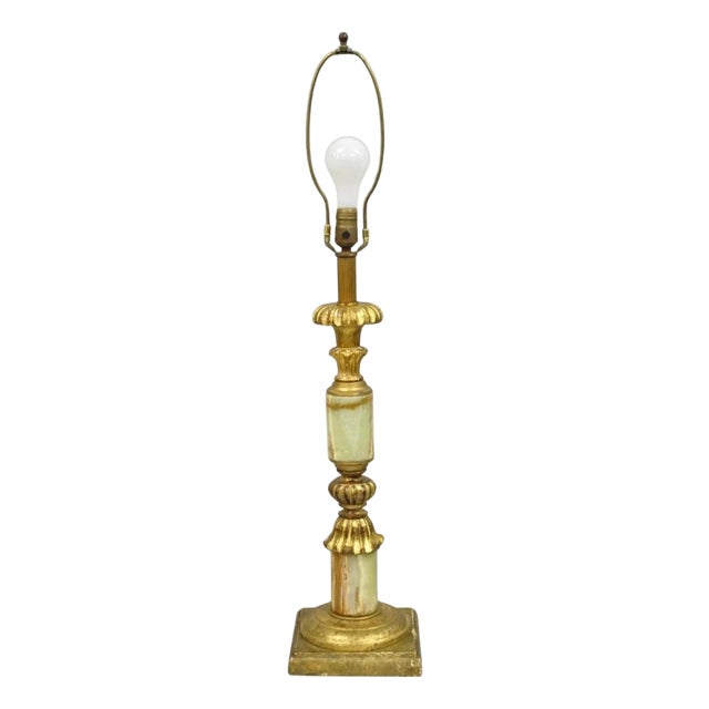 Vintage Italian Hollywood Regency Carved Gold Giltwood & Marble Table Lamp For Sale