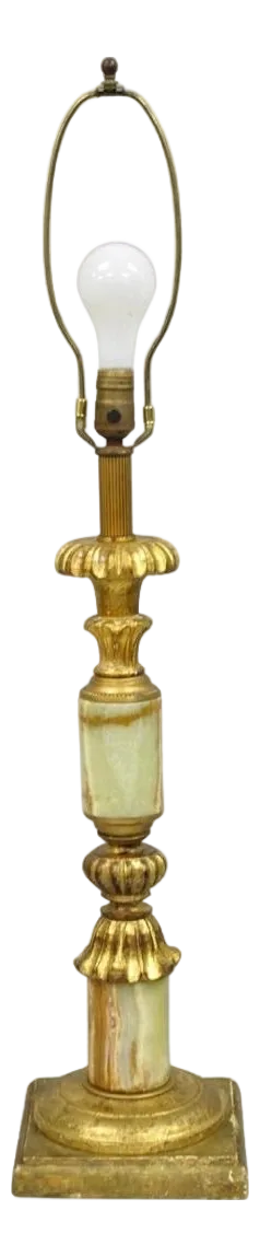 Vintage Italian Hollywood Regency Carved Gold Giltwood & Marble Table Lamp