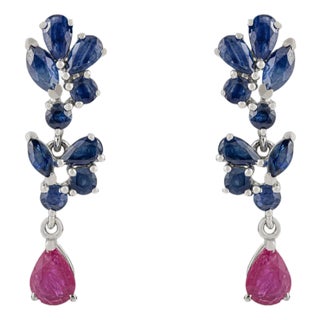 925 Sterling Silver Flower Motif Blue Sapphire & Ruby Drop Earrings - 2 Pieces For Sale