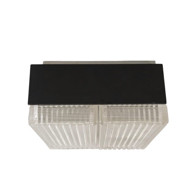 Mid 20th Century Modernist Original Flush-Mount Chandelier in Frosted Art Glass & Black Metal For Sale - Image 9 of 16