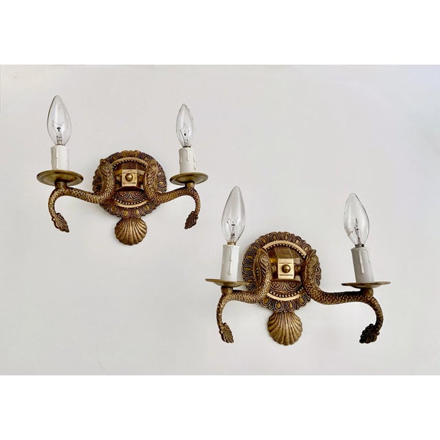 Pair Neoclassic Dolphin Shell Brass Wall Sconces For Sale - Image 4 of 13