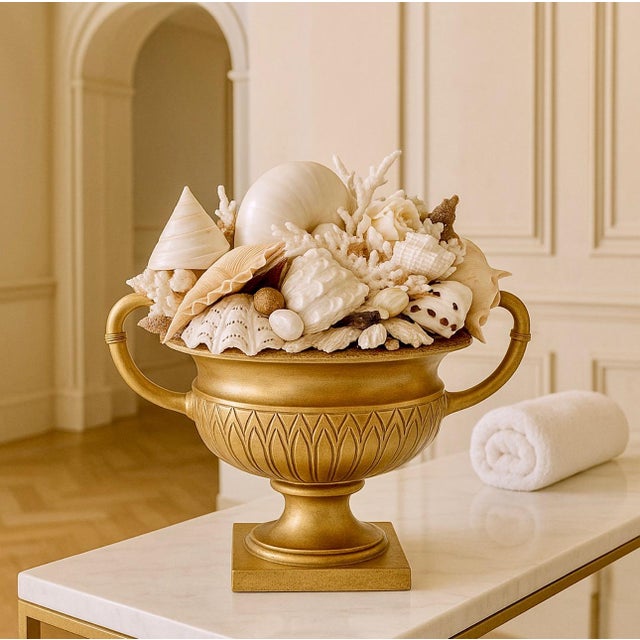 Coastal Seashell Art Urn Centerpiece – Nautical Beach Cottage Decor, Shell Composition With Pearls. For Sale - Image 11 of 11