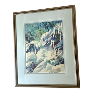 Late 20th Century Very Large Framed Winter Snow Watercolor Painting