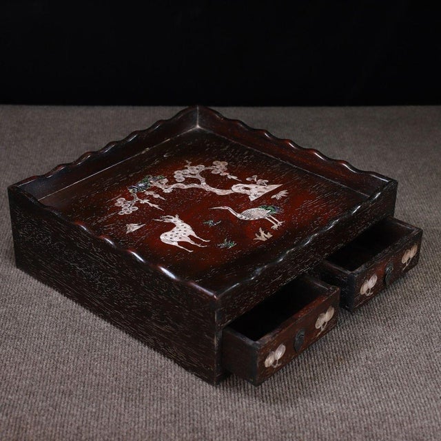 Vintage Rosewood Square Tray With Drawers & Mother-of-Pearl Deer & Crane Inlay For Sale - Image 4 of 10