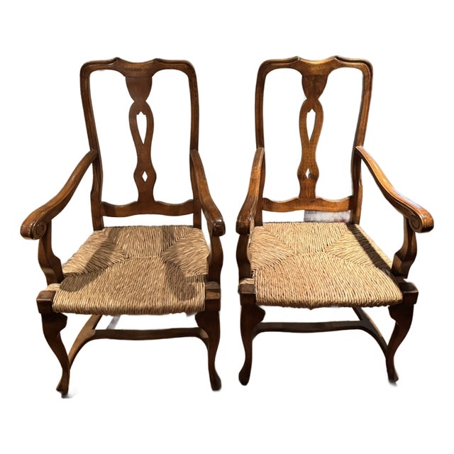 French Country Style Walnut Armchairs With Rush Seats For Sale