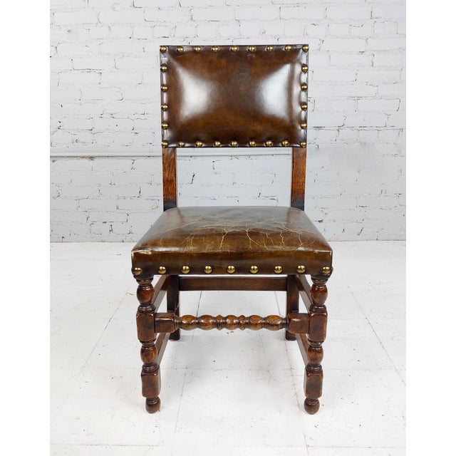 Spanish Revival Brown Leather Upholstered Dining Chairs Set of 6