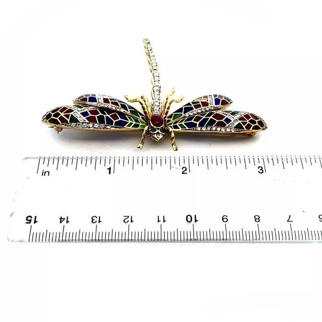 Gemstone Diamond Plique-à-jour 18k Brooch Dragonfly Gemstone Enamel Yellow Gold For Sale - Image 7 of 7