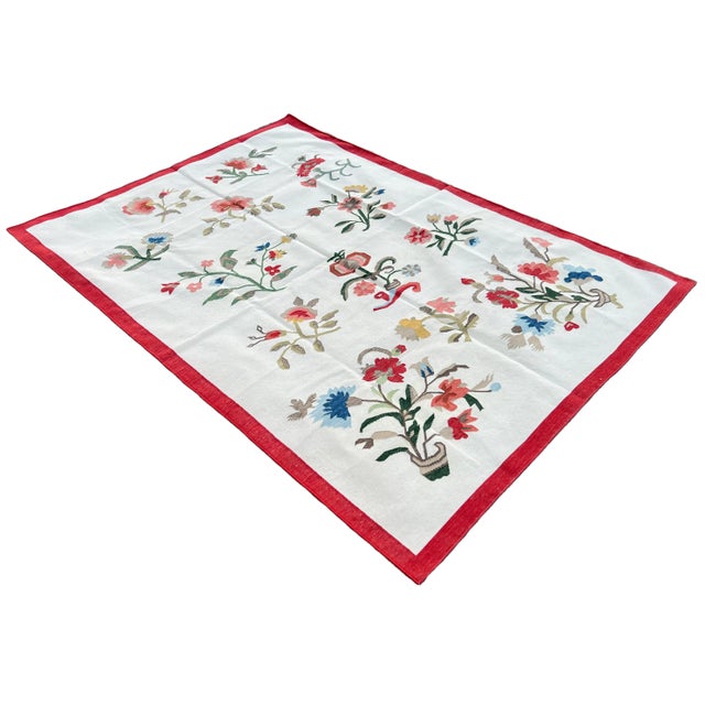 Mid-Century Modern Handmade Cotton Flower Patterned Rug Cream With Blue Green Beige & Red Border -8'x10' For Sale - Image 3 of 11