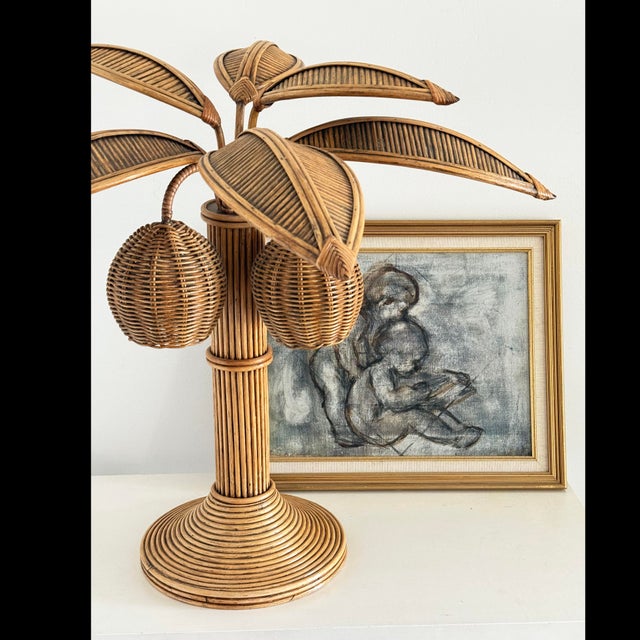 Mid-Century Modern Mario Lopez Torres Style Rattan Palm Tree Table Lamp For Sale - Image 3 of 9
