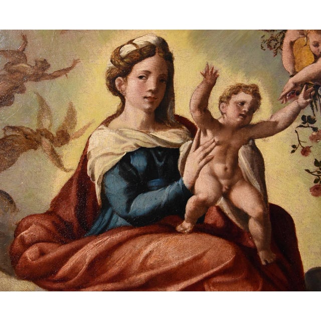 Workshop of Ippolito Scarsella / Lo Scarsellino, Madonna and Child with Saint James, 1590, Oil on Board For Sale - Image 13 of 18