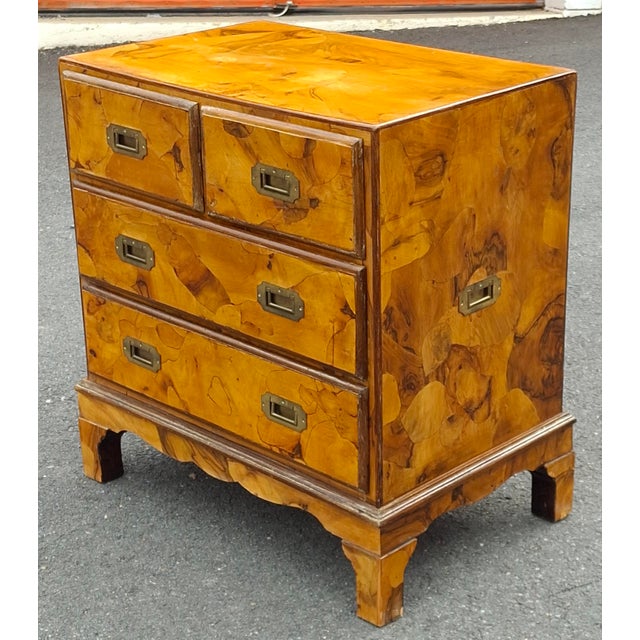 Wood Mid 20th Century Burl Olivewood Italian Campaign Style Petite Four-Drawer Chest For Sale - Image 7 of 11
