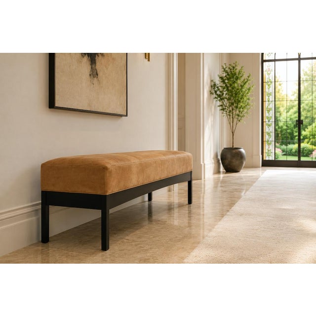 Wood Cognac-Colored Alcantara Bench, 1980s For Sale - Image 7 of 8