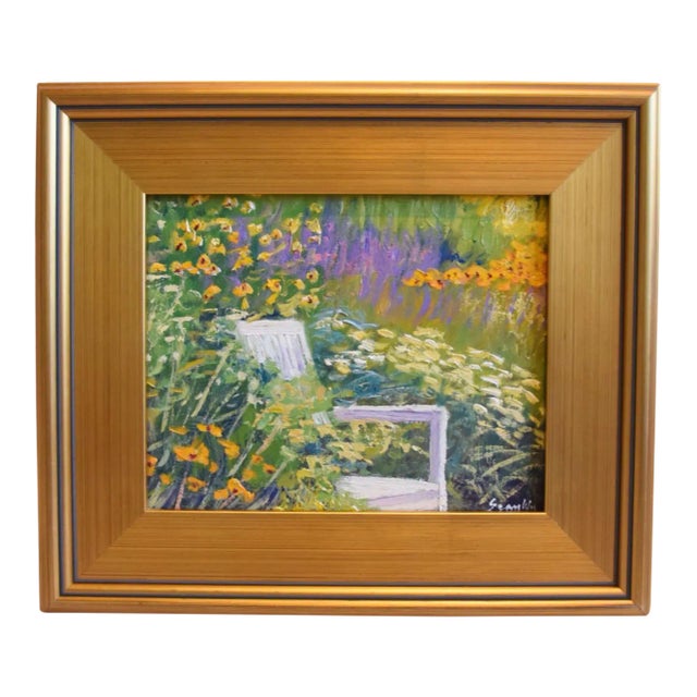 English Impressionist Wildflower Garden Landscape Oil Painting W/ Antiqued Gold Wood Frame For Sale