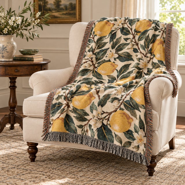 English Lemon Botanical Woven Throw Blanket – 60 × 50 For Sale - Image 3 of 5