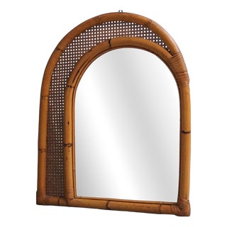 Mid-Century Italian Arch Wall Mirror in Bamboo and Woven Wicker, 1970s For Sale