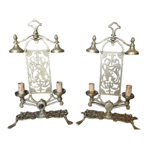 1920s Art Deco Mutual Sunset Lamp Company Gold Bronze Dancing Pan Figural Table Lamps a - Pair