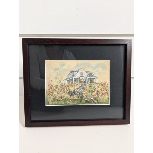 American 1920s Framed Artist Watercolor Painting of a Cape Cod Style House For Sale - Image 3 of 6