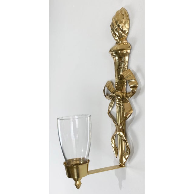 Late 20th Century Large Vintage Brass Ribbon Torch Wall Candle Sconces, a Pair For Sale - Image 5 of 7