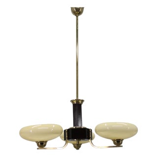 Art Deco Brass, Glass, and Wood Chandelier with Champagne Glass, Czechoslovakia, 1930s For Sale