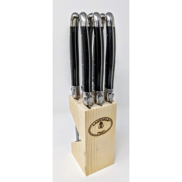 French Modern Jean Dubost Laguiole Handmade Stainless Steel and Ebony Black Resin Steak Knives - Set of 6 For Sale - Image 13 of 13