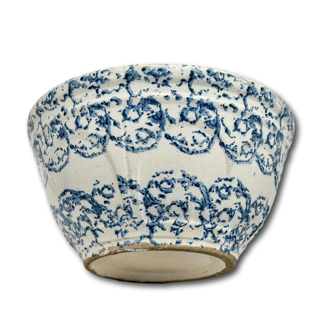 This Really is a Very Beautiful Antique American Blue Sponge Ware Decorated Stoneware Kitchen Mixing Bowl. Circa Very Late...