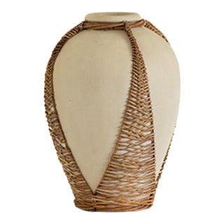 Vintage Rattan Wrapped Terracotta Pottery Vase For Sale