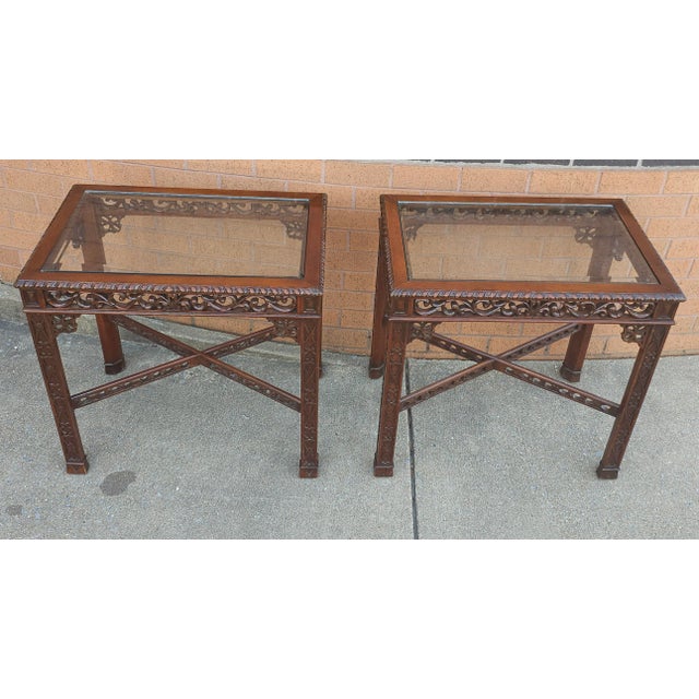 Pair of Chinese Chippendale Style Fretwork and Glass Inset Mahogany Side Tables For Sale In Washington DC - Image 6 of 9