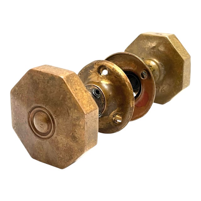 Antique American Art Deco Octagonal Brass Door Knobs W/ Rosettes. A Pair For Sale