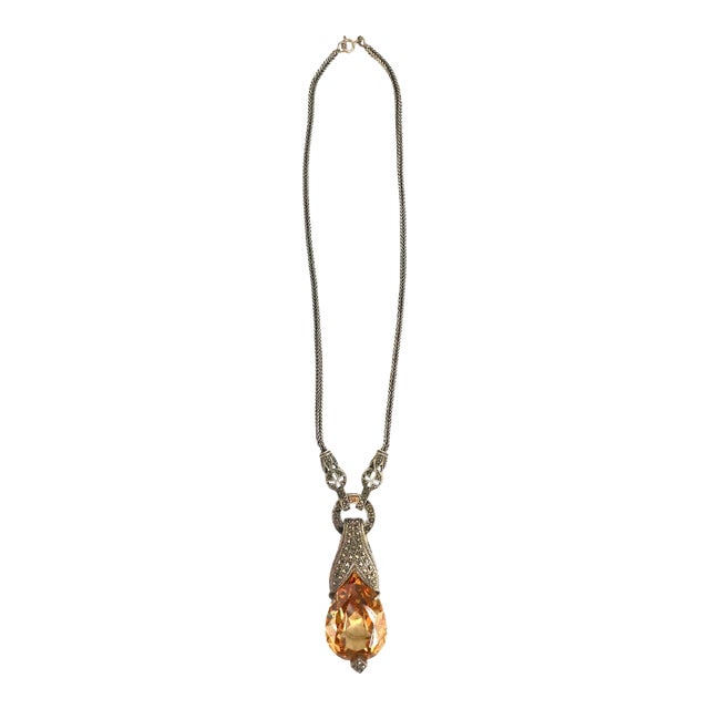 Vintage Large Citrine Pendant Sterling Marcasite Necklace For Sale