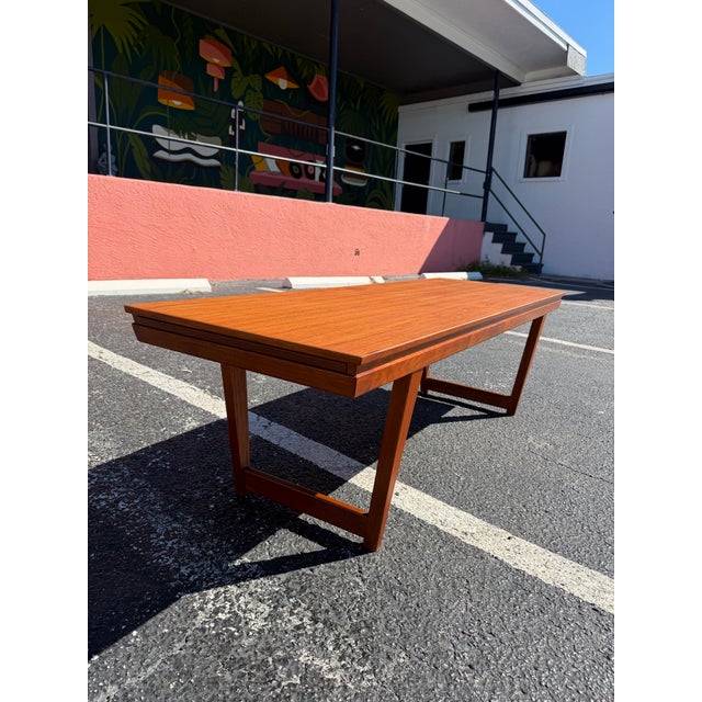 Large Mid Century Modern Danish Teak Coffee Table Bench With Pull Out Tray For Sale In Tampa - Image 6 of 12