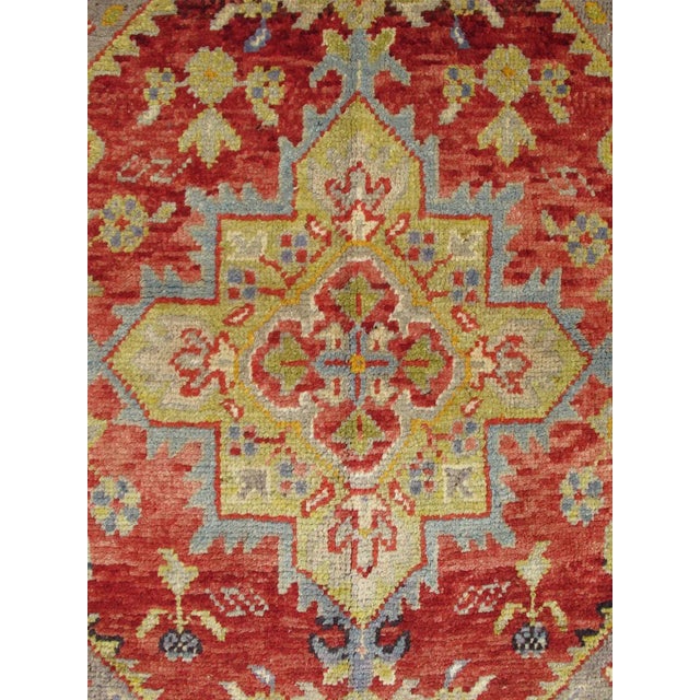 Antique Turkish Oushak Medallion Rug in Red, Lime Green, Gray & Light Blue. Central Medallion Antique Turkish Oushak Rug...