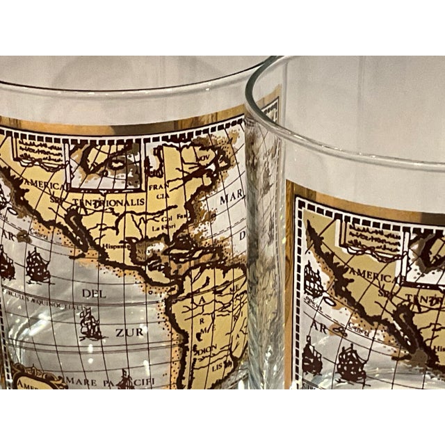 Mid 20th Century Americae Nova Tabula Mid-Century Modern Barware Old World Map Double Old Fashion Glasses- Set of 4 For Sale - Image 5 of 7