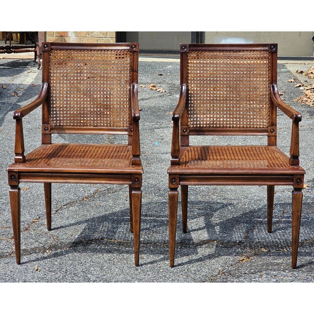 Mid 20th Century Mid 20th Century Pair of Neoclassical Style Caned Seat and Back Patinated Walnut Arm Chairs For Sale - Image 5 of 9