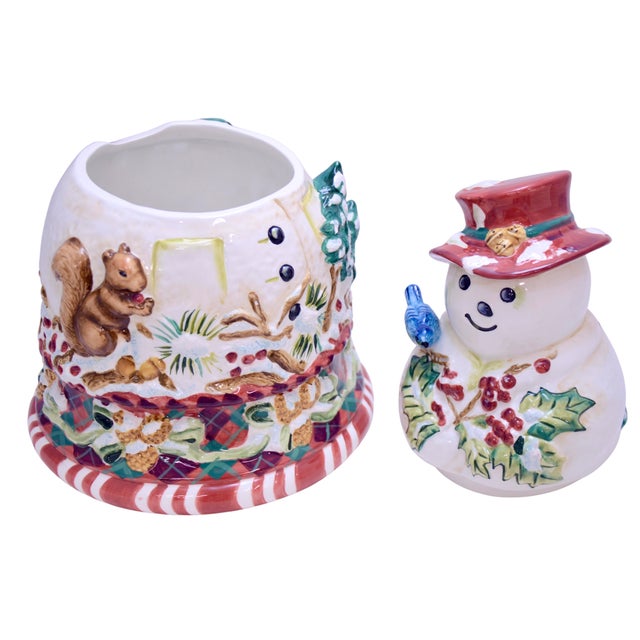Christmas holiday 13 inch ceramic snowman cookie candy jar in burgundy, off white, green, blue and brown. Marked...