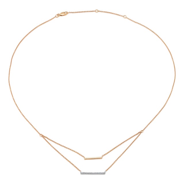 1990s 14k Yellow White Gold Delicate Diamond Bar Layered Necklace For Sale