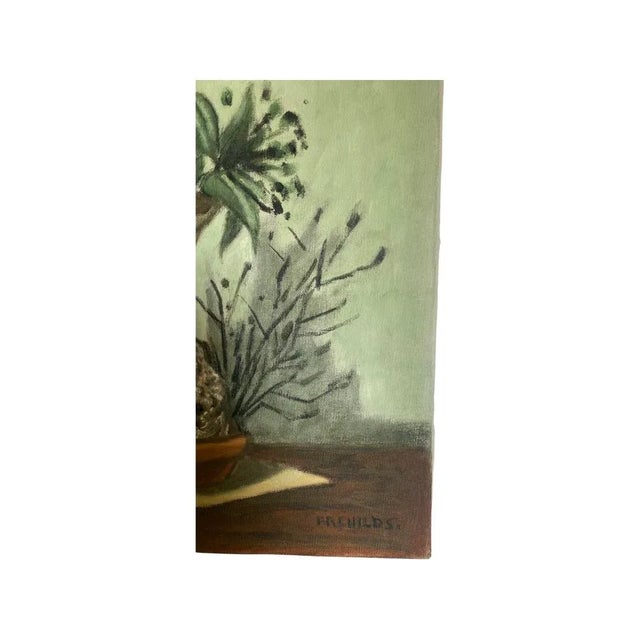 Vintage Oil on Canvas Painting of Botanical Still Life, Signed Fredrick Childs. Signed “arrangement in red clay saucer” en...