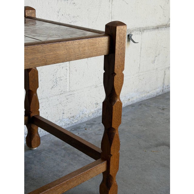 Oak Small Table Patterned Ceramic Tile Top Danish Vintage Accent Side End Table 1970s For Sale - Image 10 of 10