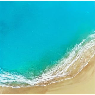 Everglowing Ocean by Ana Hefco | Layered tinted resin on wood panel Abstract ocean view with sandy shore. For Sale