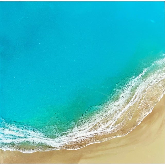Everglowing Ocean by Ana Hefco | Layered tinted resin on wood panel Abstract ocean view with sandy shore. For Sale
