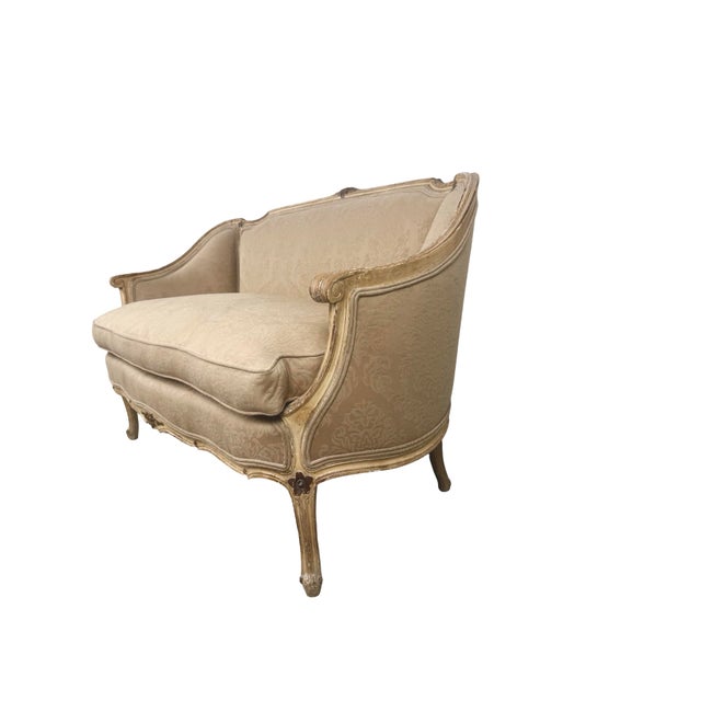 Vintage Louis XV Revival Carved Giltwood Upholstered Settee For Sale - Image 4 of 18