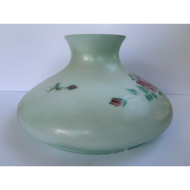 Traditional Mid-20th Century Hand-Painted Rose Floral Green Glass Lamp Shade For Sale - Image 3 of 12
