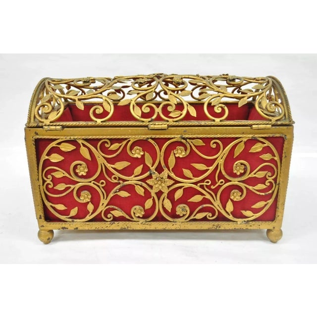 Metal Late 20th Century Vintage Hollywood Regency Style Gold Gilt Metal Red Jewelry Trinket Storage Box For Sale - Image 7 of 12