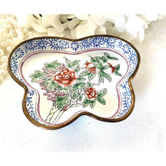 C1950 Chinese Enameled Butterfly-Shape Pin Tray, Peonies, Polychrome Enamel 6" For Sale - Image 4 of 15