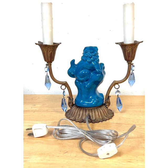 Metal Early 20th Century French Belle Époque Chinoiserie Foo Dog Candelabra Lamp, Turquoise Flambé For Sale - Image 7 of 11