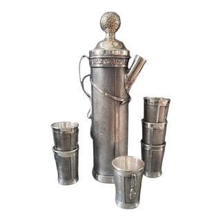 Antique Novelty Silver Plated 'Golf Bag' Cocktail Shaker Set with Glasses C.1920 For Sale